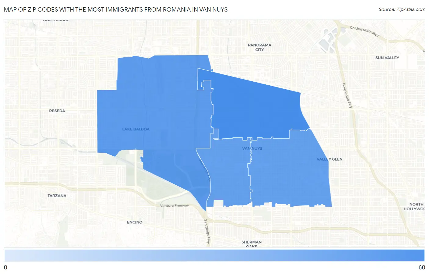 Zip Codes with the Most Immigrants from Romania in Van Nuys Map