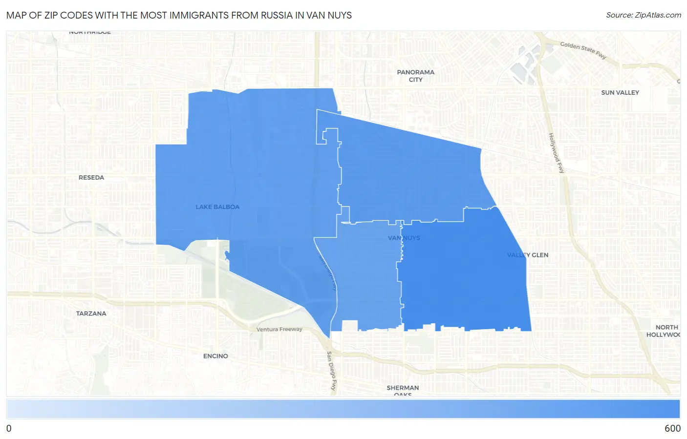 Zip Codes with the Most Immigrants from Russia in Van Nuys Map