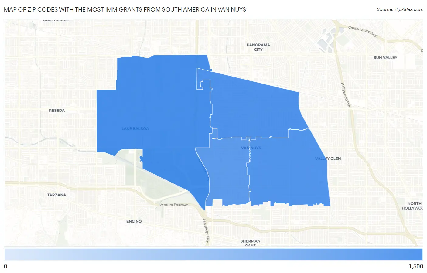 Zip Codes with the Most Immigrants from South America in Van Nuys Map