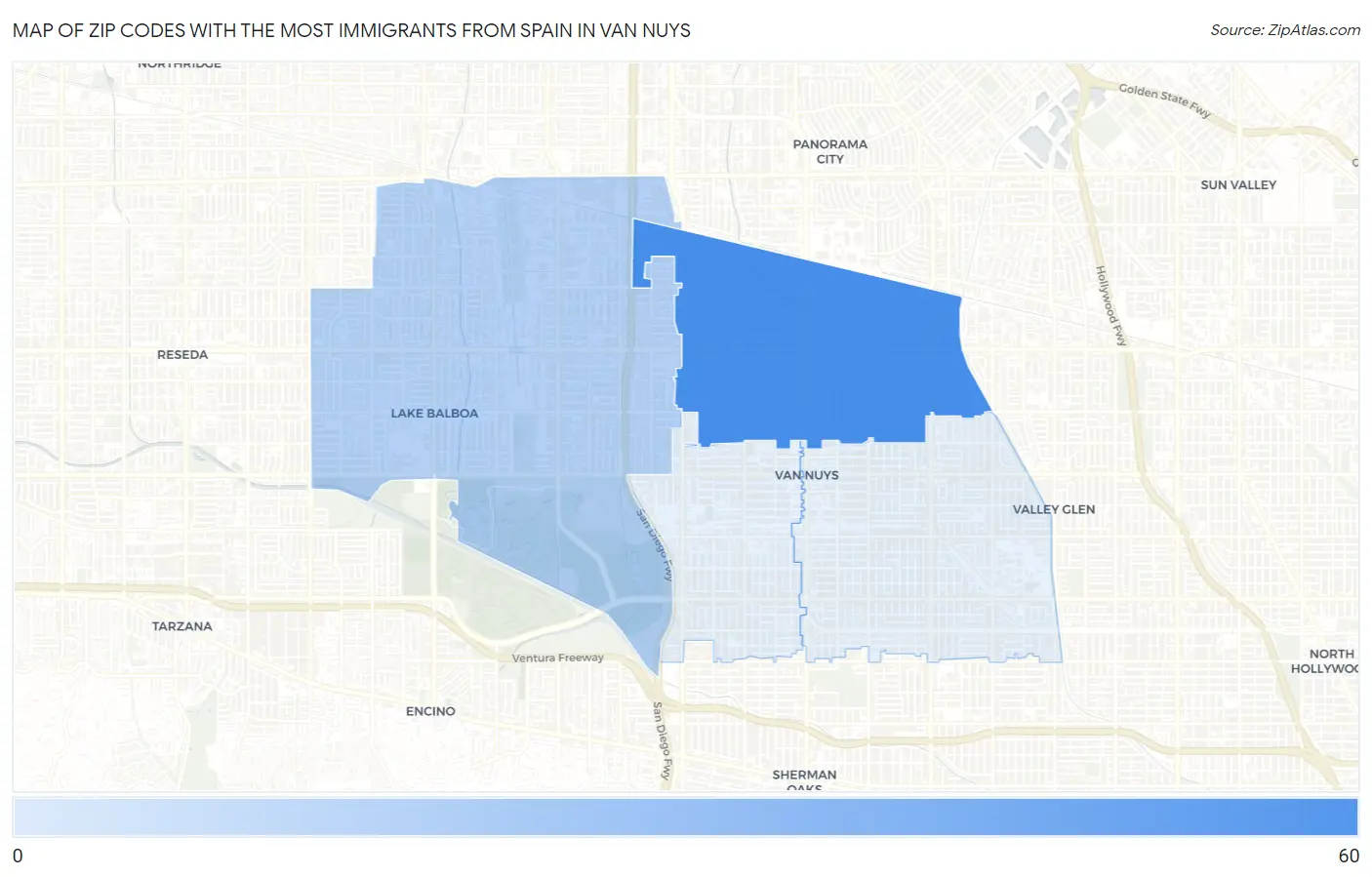 Zip Codes with the Most Immigrants from Spain in Van Nuys Map