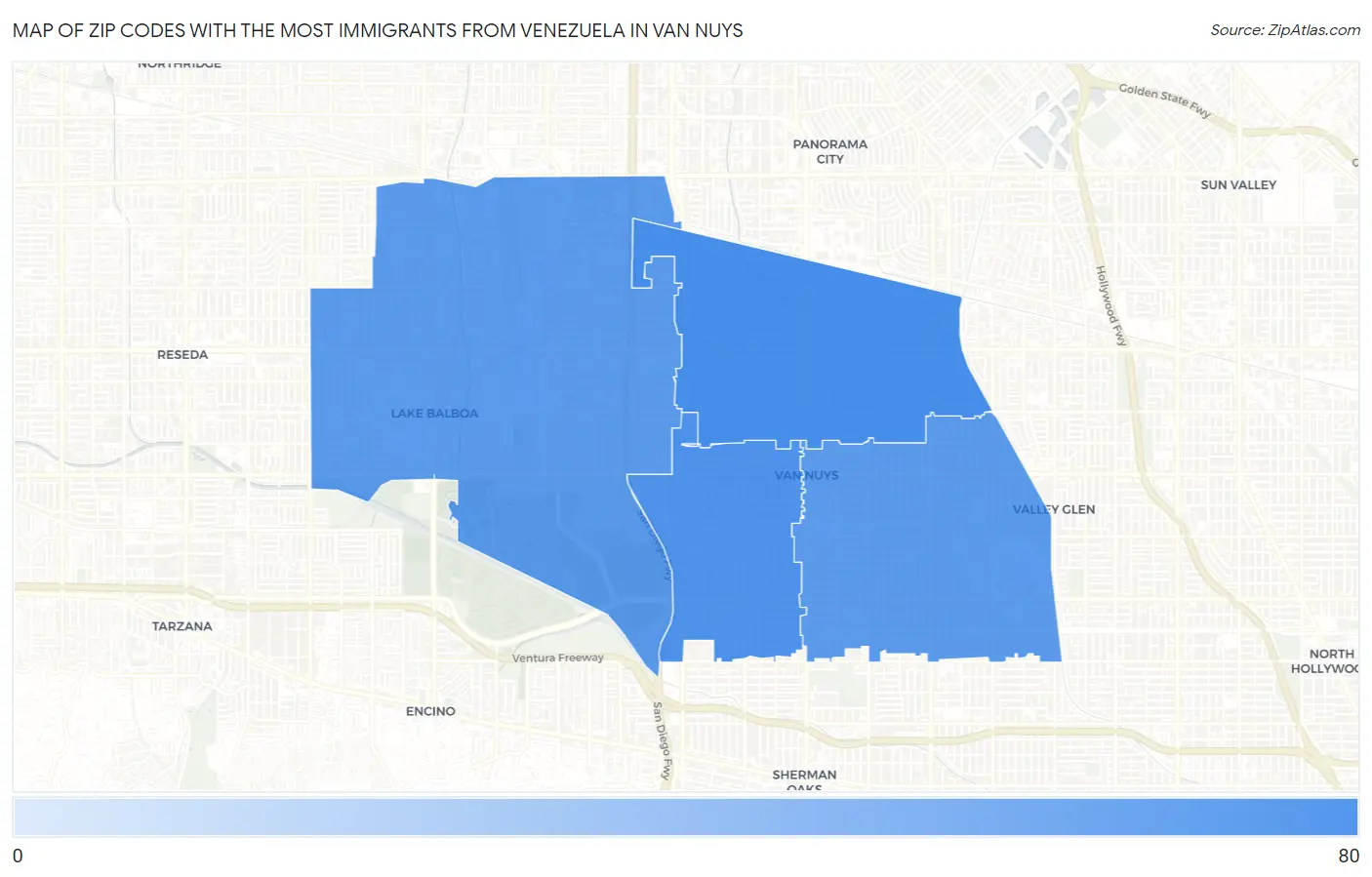 Zip Codes with the Most Immigrants from Venezuela in Van Nuys Map