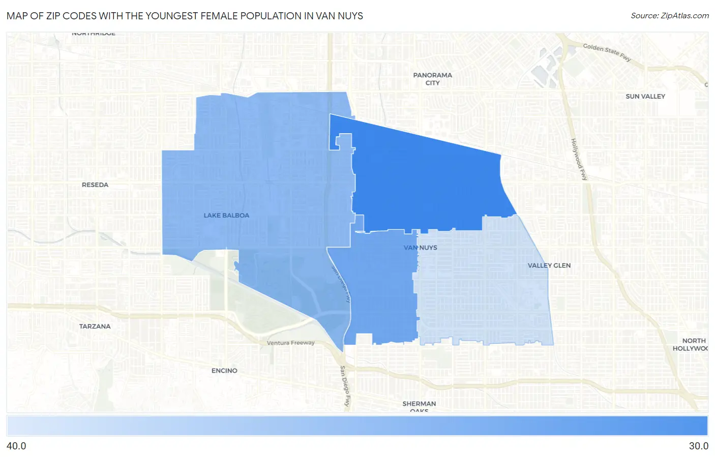 Zip Codes with the Youngest Female Population in Van Nuys Map