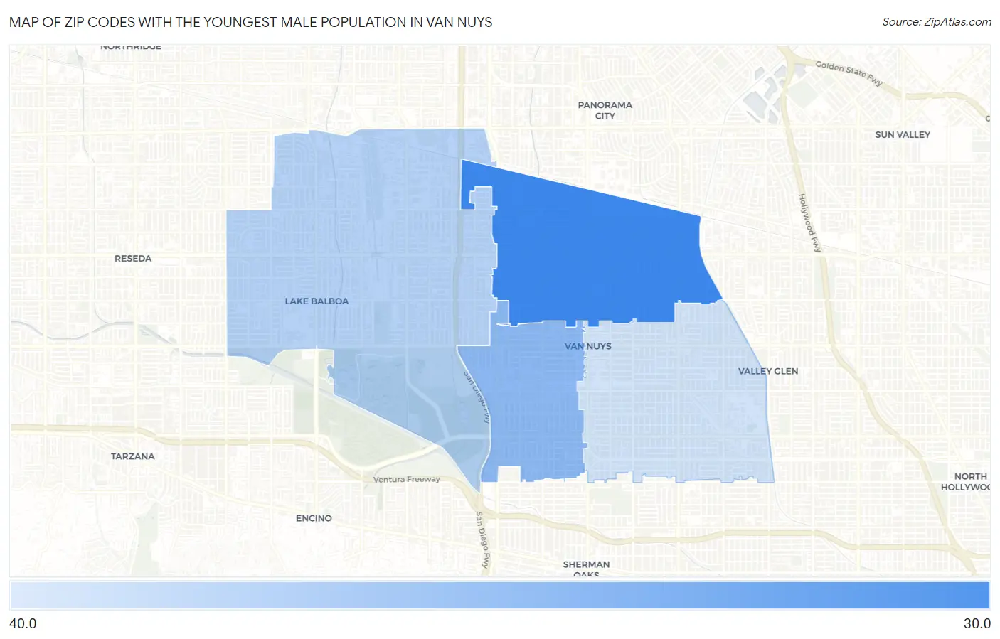 Zip Codes with the Youngest Male Population in Van Nuys Map