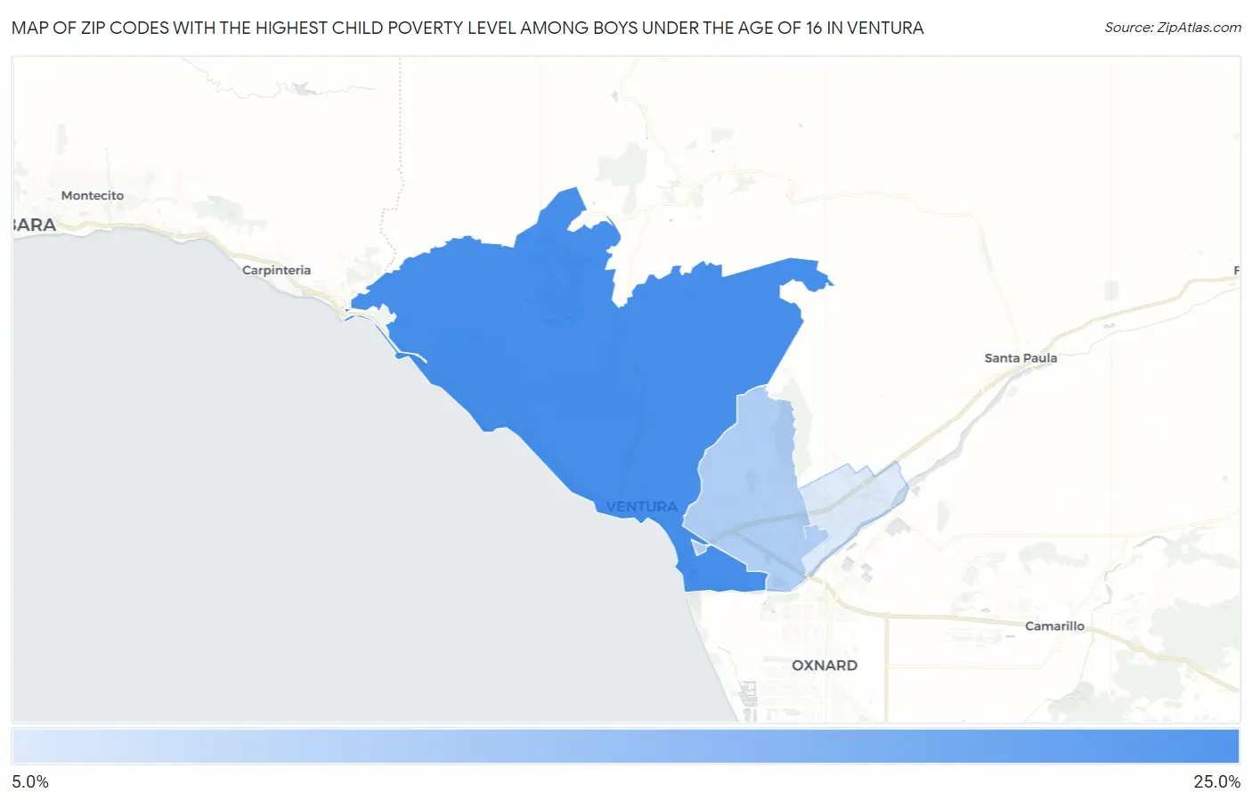 Zip Codes with the Highest Child Poverty Level Among Boys Under the Age of 16 in Ventura Map