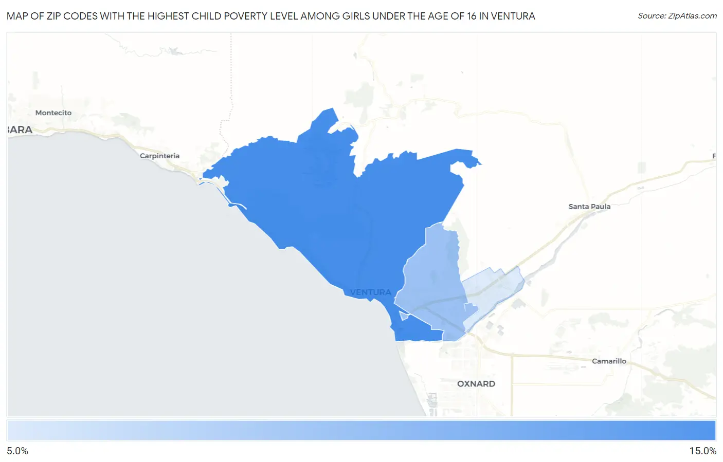 Zip Codes with the Highest Child Poverty Level Among Girls Under the Age of 16 in Ventura Map