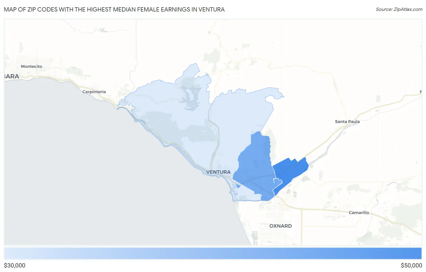 Zip Codes with the Highest Median Female Earnings in Ventura Map