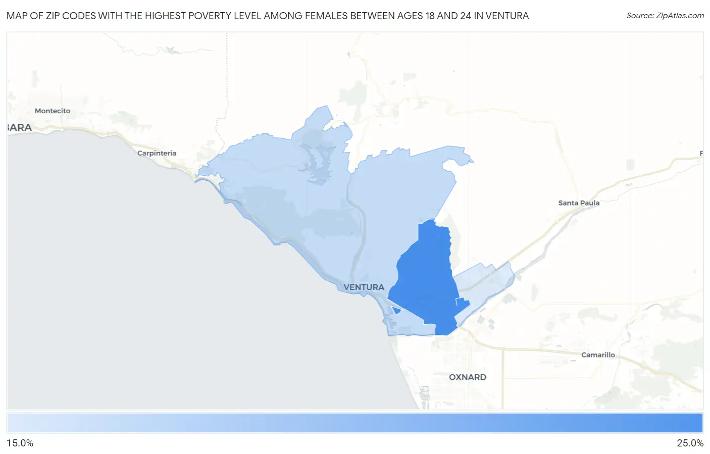 Zip Codes with the Highest Poverty Level Among Females Between Ages 18 and 24 in Ventura Map
