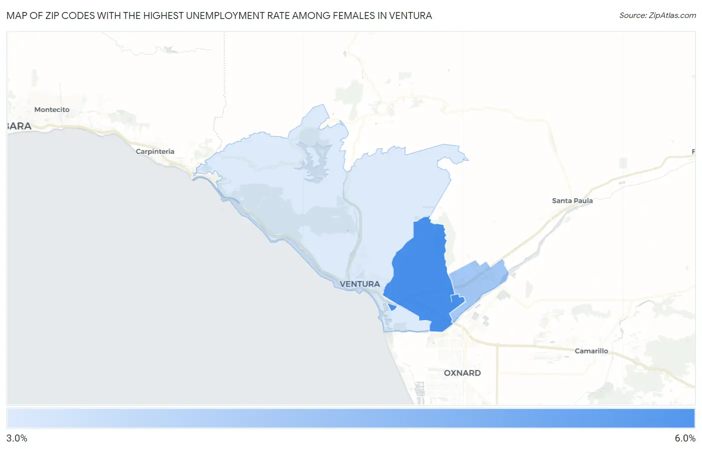 Zip Codes with the Highest Unemployment Rate Among Females in Ventura Map