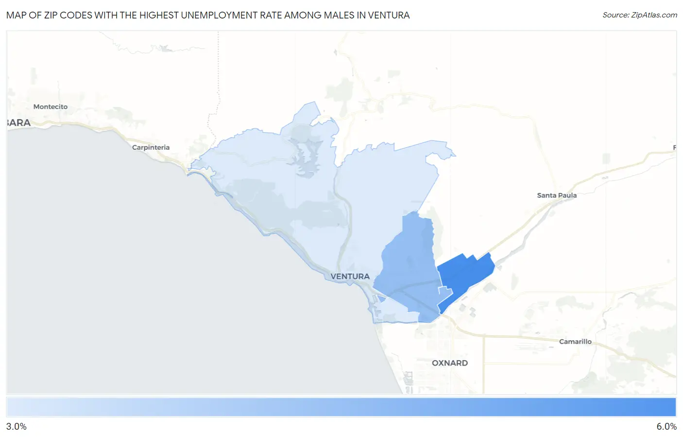 Zip Codes with the Highest Unemployment Rate Among Males in Ventura Map