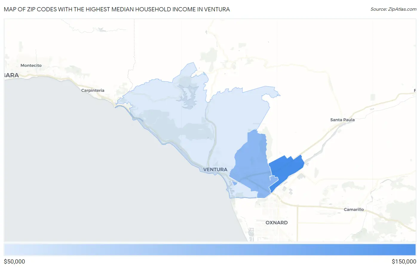 Zip Codes with the Highest Median Household Income in Ventura Map