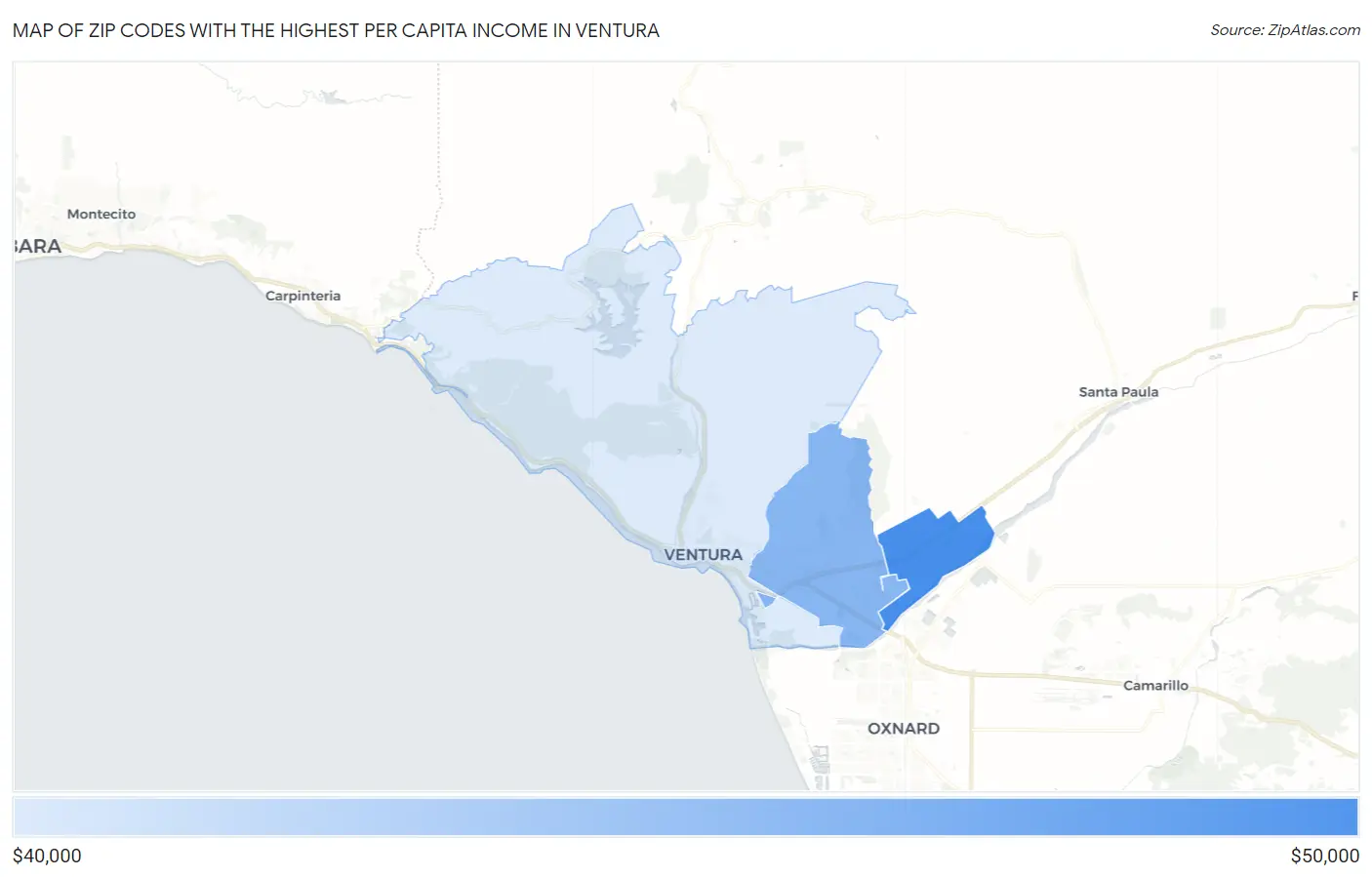 Zip Codes with the Highest Per Capita Income in Ventura Map