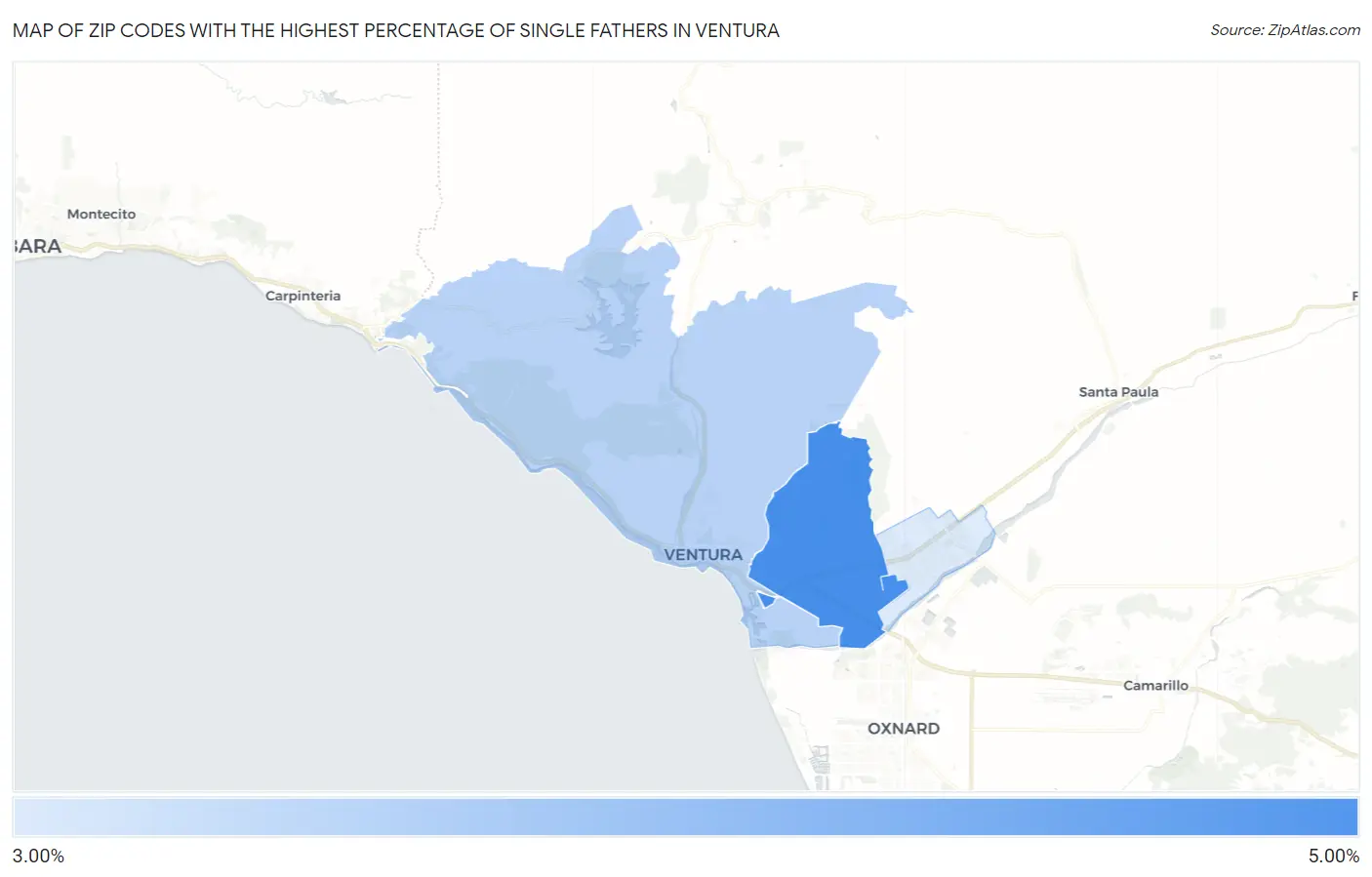 Zip Codes with the Highest Percentage of Single Fathers in Ventura Map