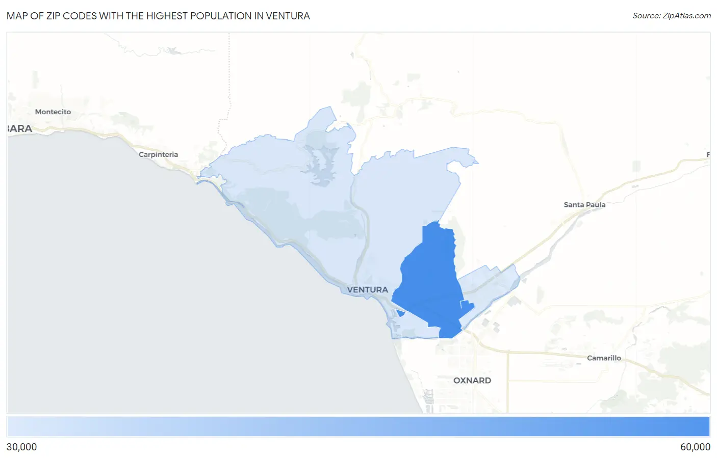 Zip Codes with the Highest Population in Ventura Map