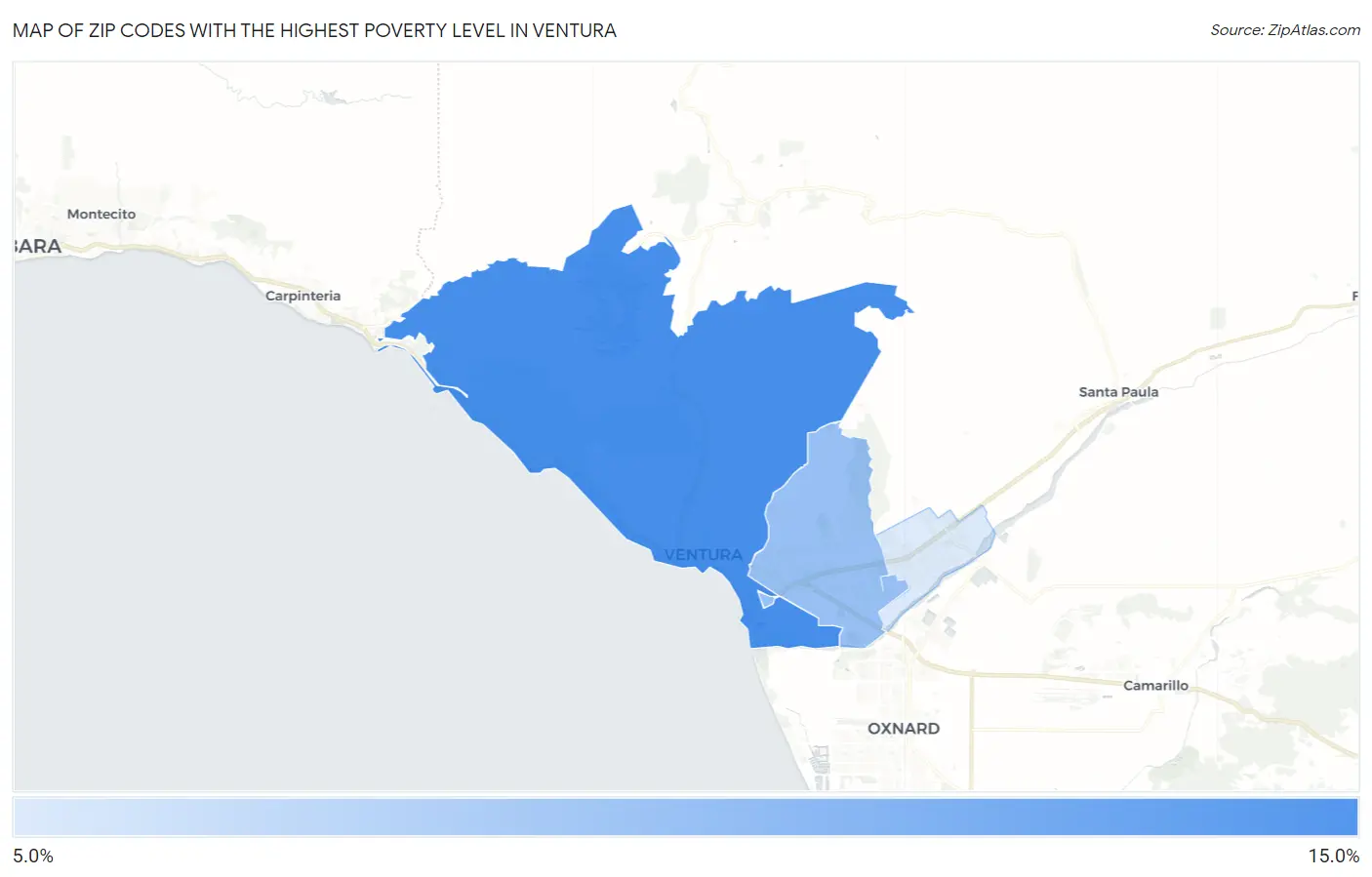 Zip Codes with the Highest Poverty Level in Ventura Map