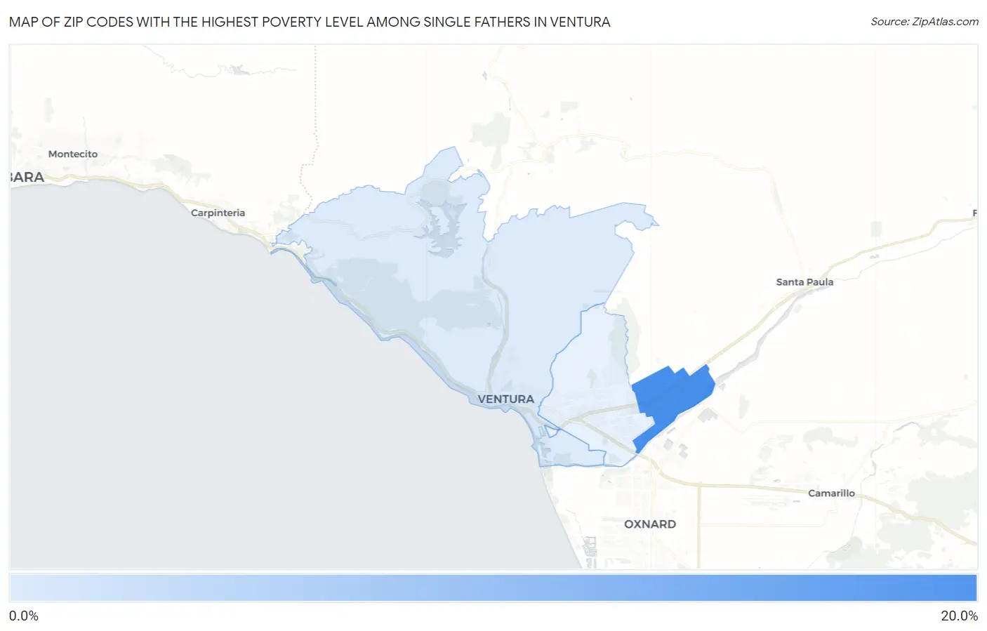 Zip Codes with the Highest Poverty Level Among Single Fathers in Ventura Map