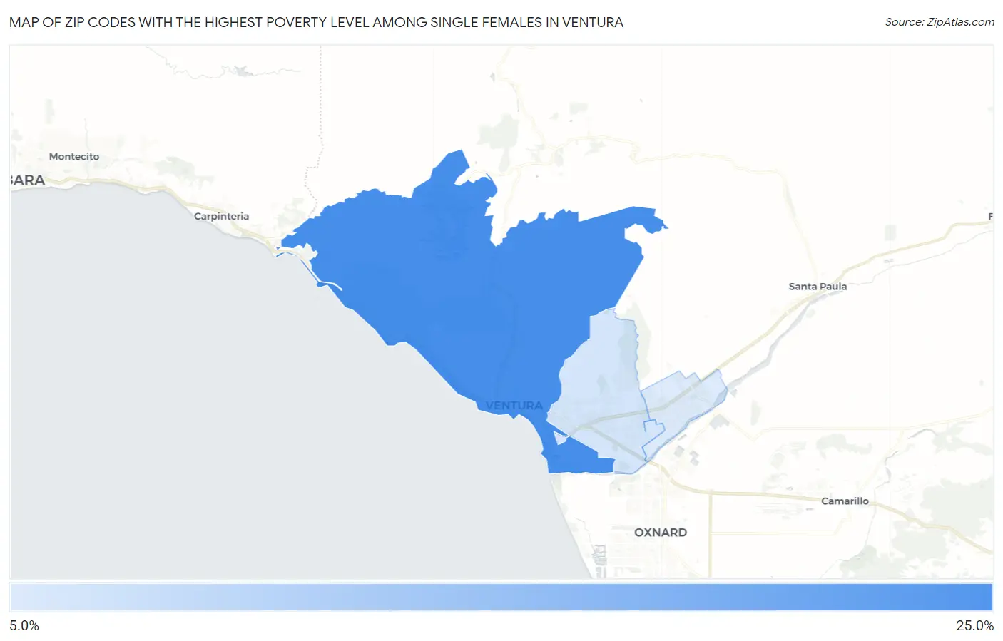 Zip Codes with the Highest Poverty Level Among Single Females in Ventura Map