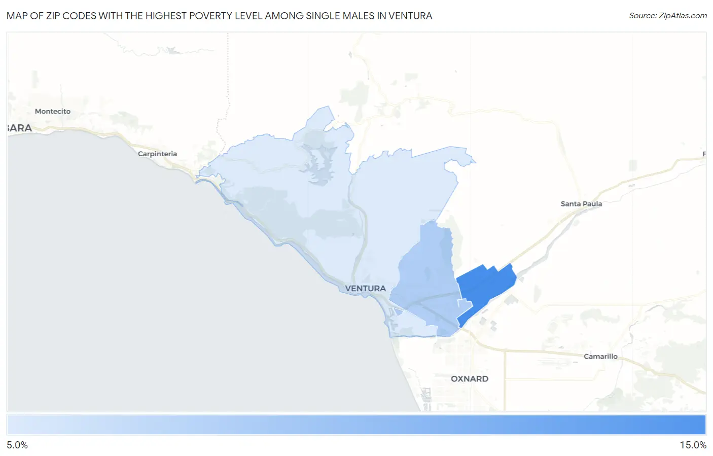 Zip Codes with the Highest Poverty Level Among Single Males in Ventura Map