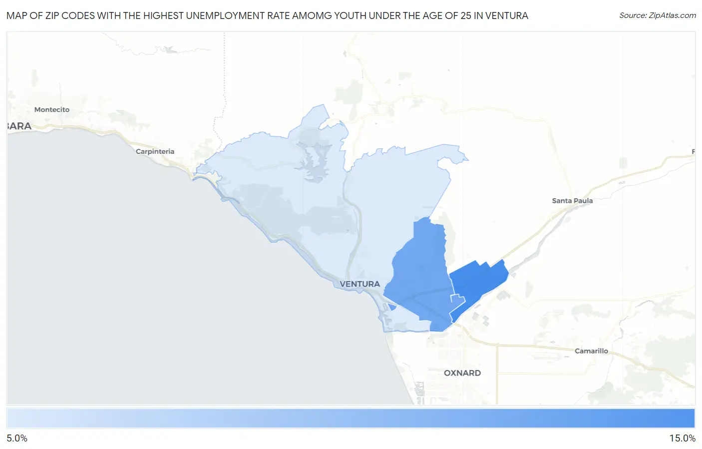 Zip Codes with the Highest Unemployment Rate Amomg Youth Under the Age of 25 in Ventura Map