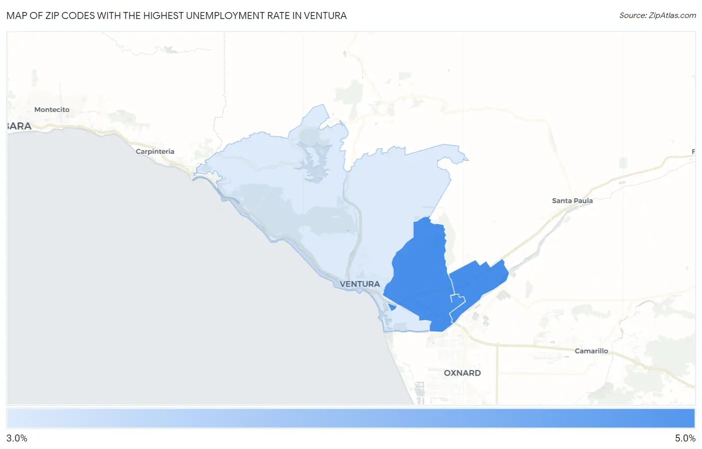 Zip Codes with the Highest Unemployment Rate in Ventura Map