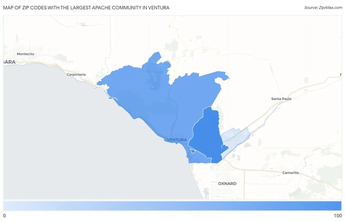 Zip Codes with the Largest Apache Community in Ventura Map