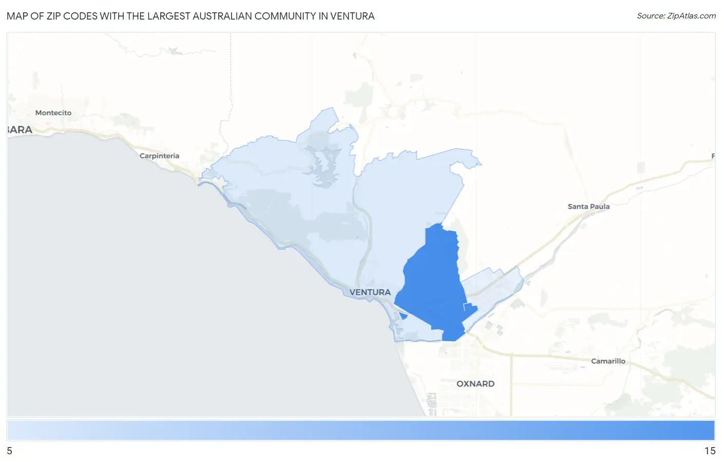 Zip Codes with the Largest Australian Community in Ventura Map