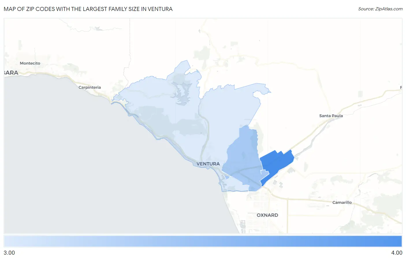 Zip Codes with the Largest Family Size in Ventura Map