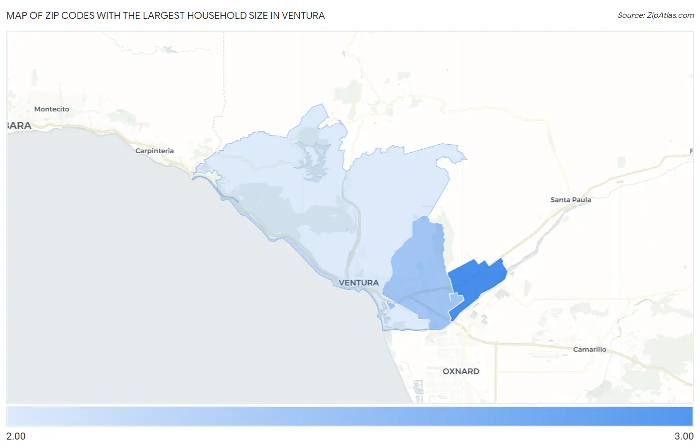 Zip Codes with the Largest Household Size in Ventura Map