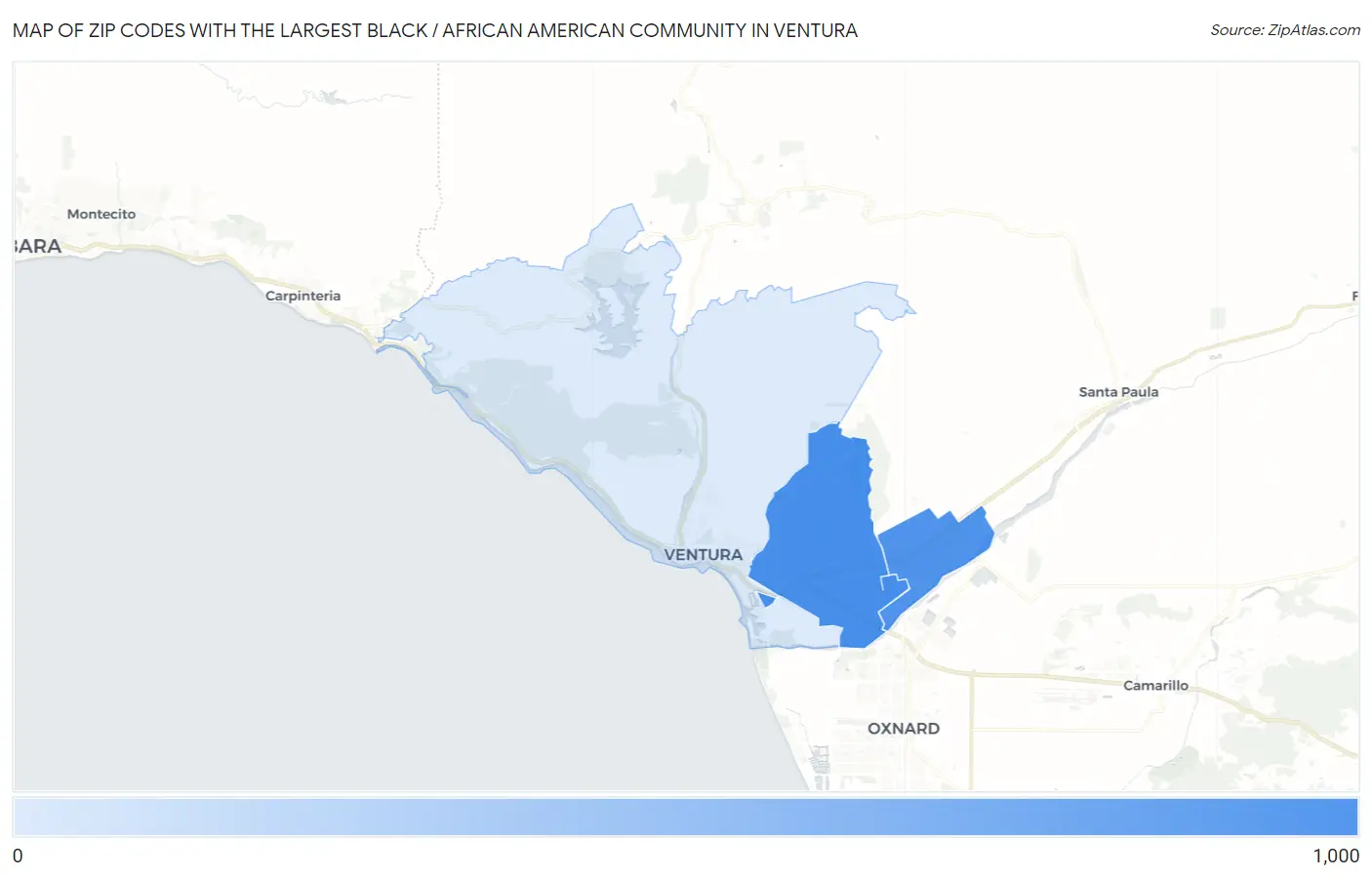 Zip Codes with the Largest Black / African American Community in Ventura Map