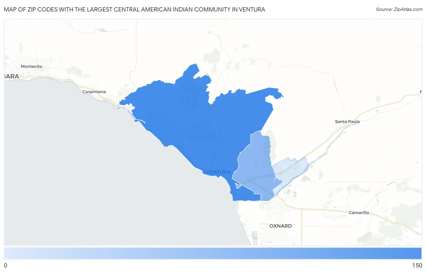 Zip Codes with the Largest Central American Indian Community in Ventura Map