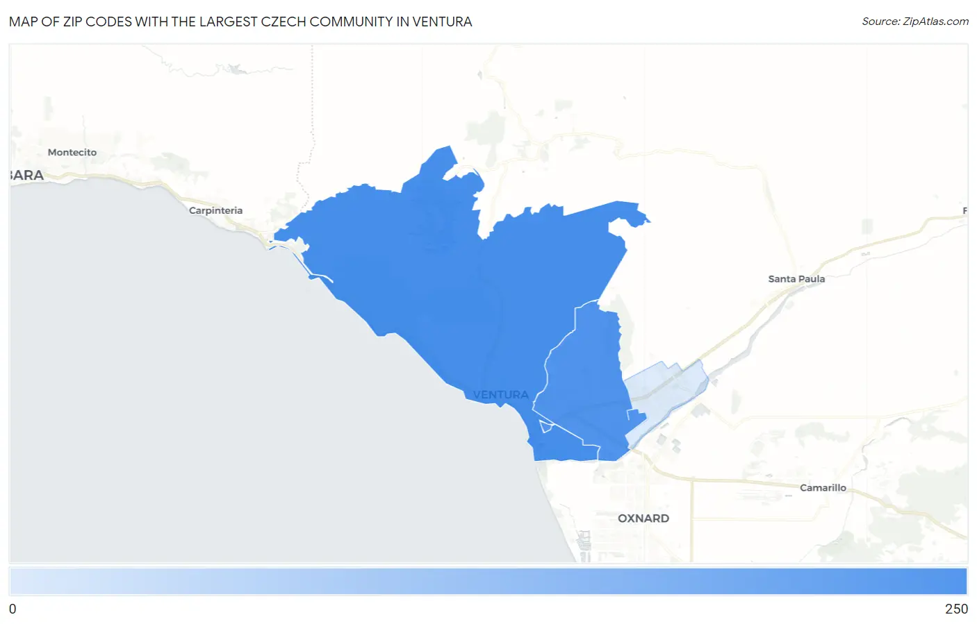 Zip Codes with the Largest Czech Community in Ventura Map