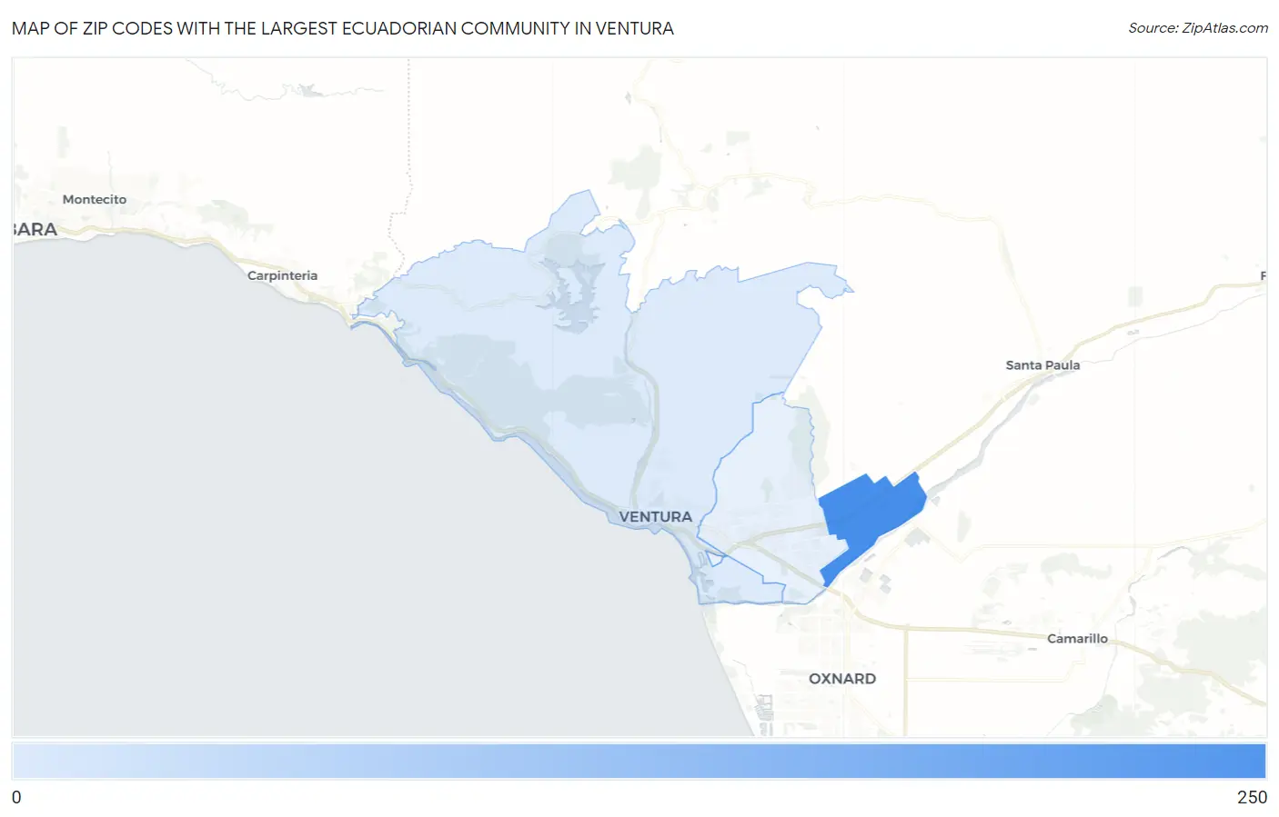 Zip Codes with the Largest Ecuadorian Community in Ventura Map