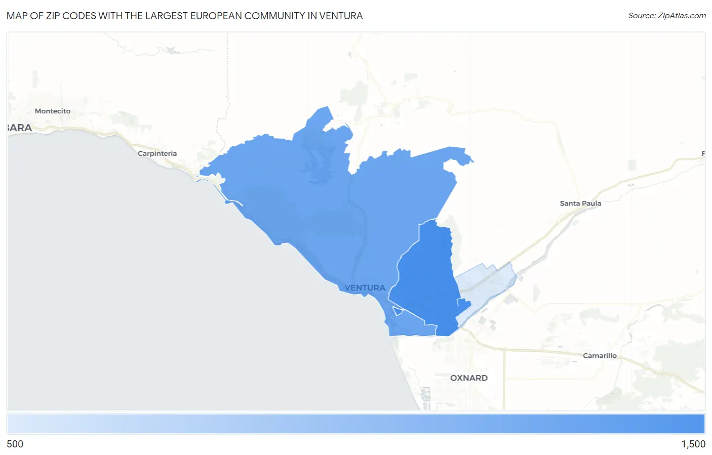 Zip Codes with the Largest European Community in Ventura Map