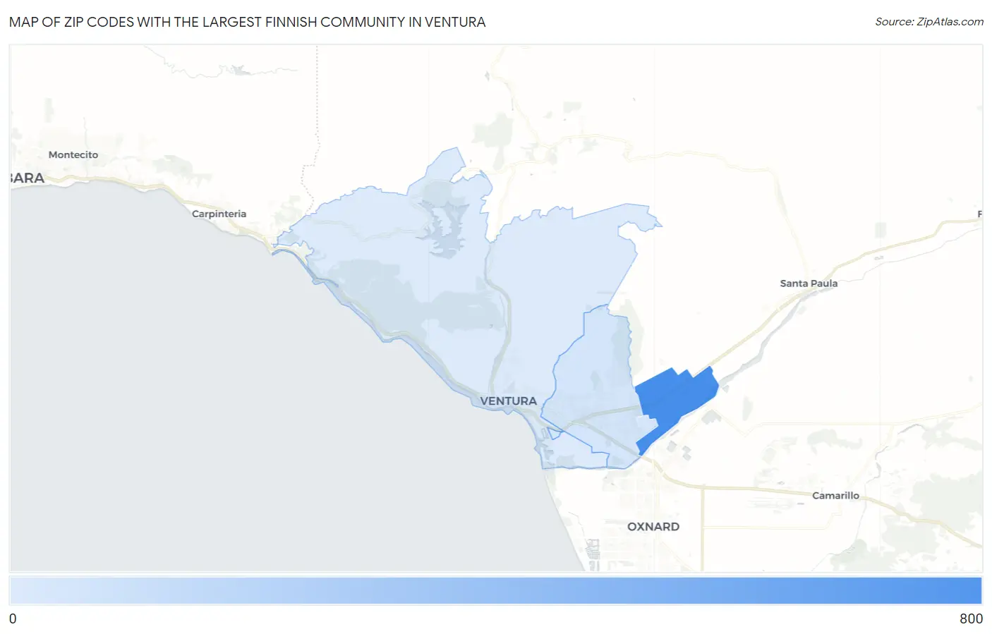 Zip Codes with the Largest Finnish Community in Ventura Map