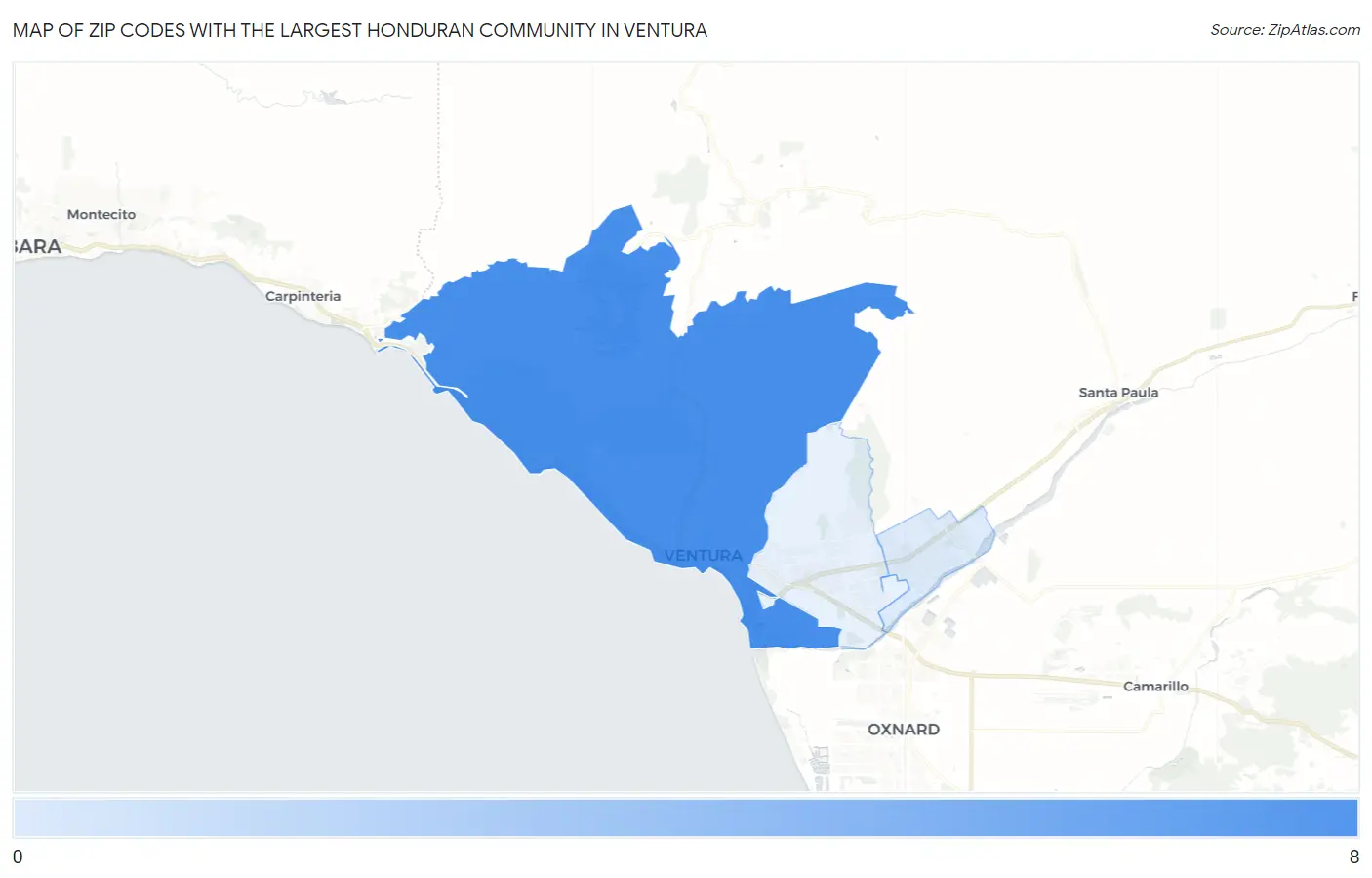 Zip Codes with the Largest Honduran Community in Ventura Map