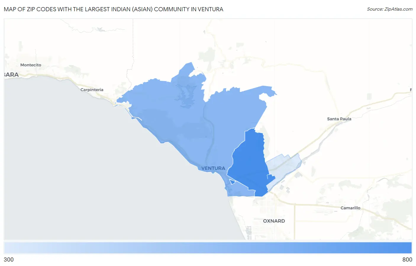Zip Codes with the Largest Indian (Asian) Community in Ventura Map