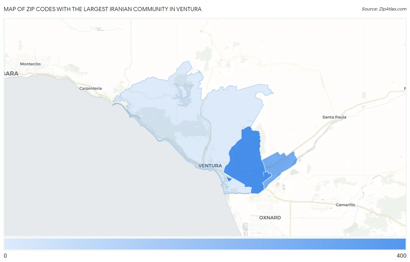 Zip Codes with the Largest Iranian Community in Ventura Map