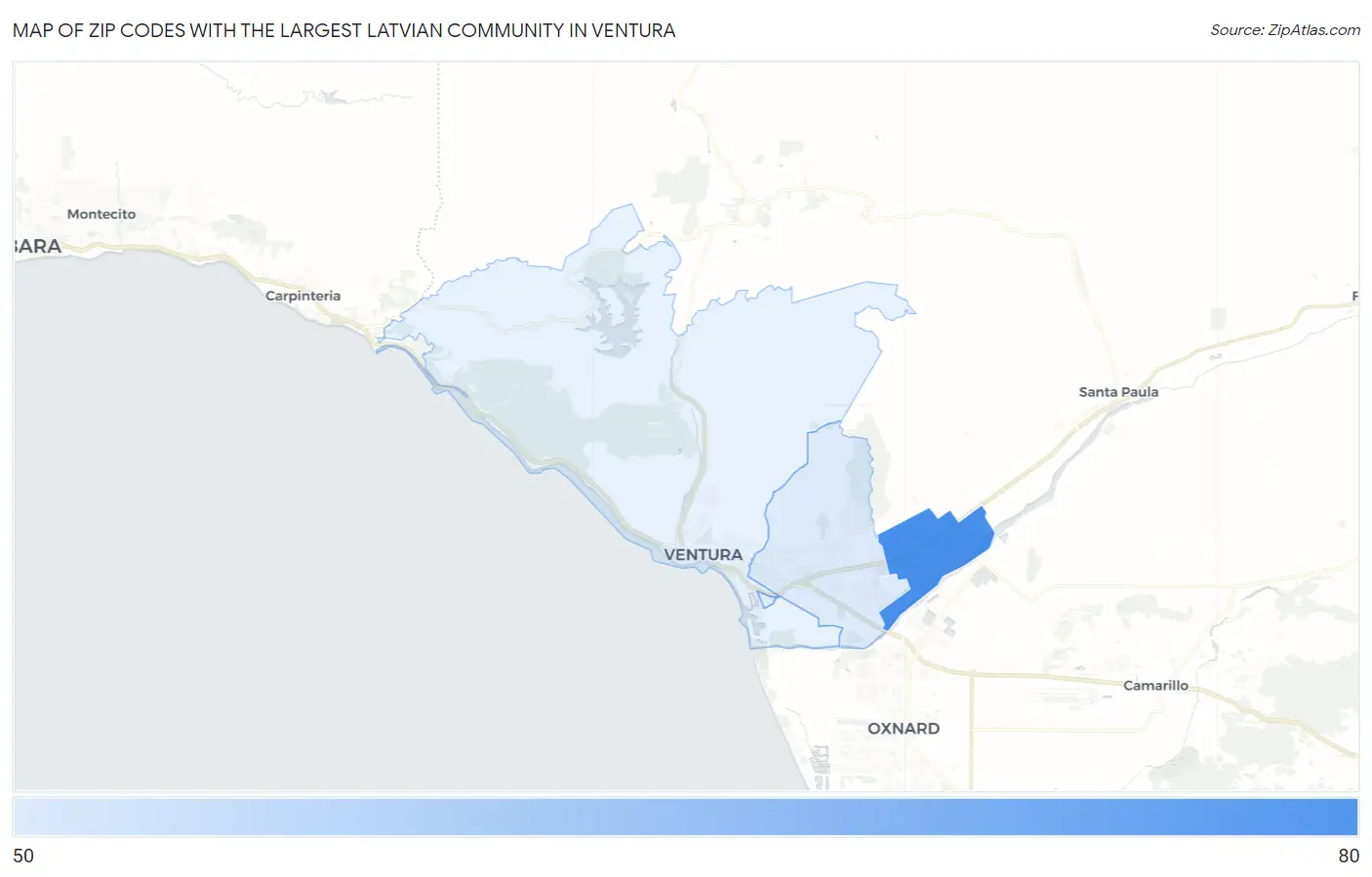 Zip Codes with the Largest Latvian Community in Ventura Map