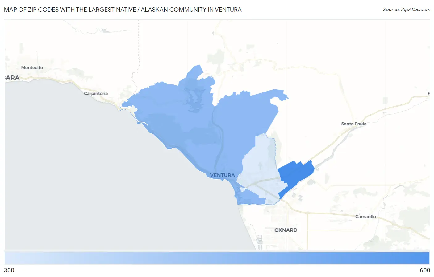 Zip Codes with the Largest Native / Alaskan Community in Ventura Map