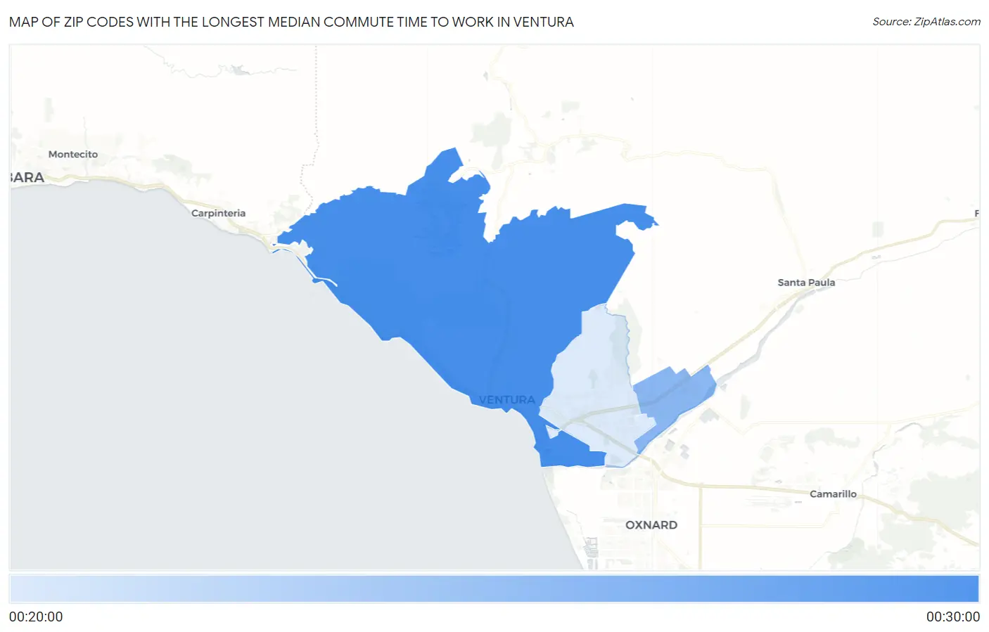 Zip Codes with the Longest Median Commute Time to Work in Ventura Map
