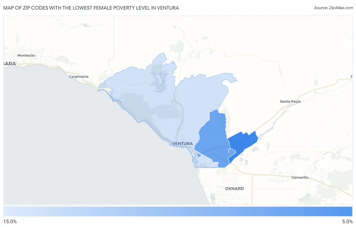 Zip Codes with the Lowest Female Poverty Level in Ventura Map