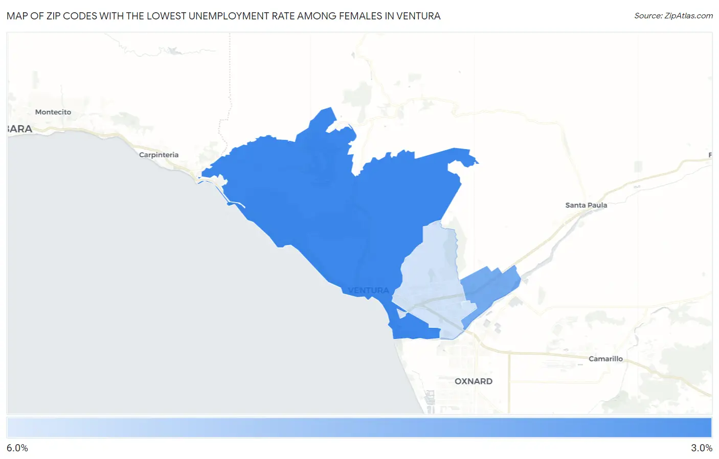 Zip Codes with the Lowest Unemployment Rate Among Females in Ventura Map