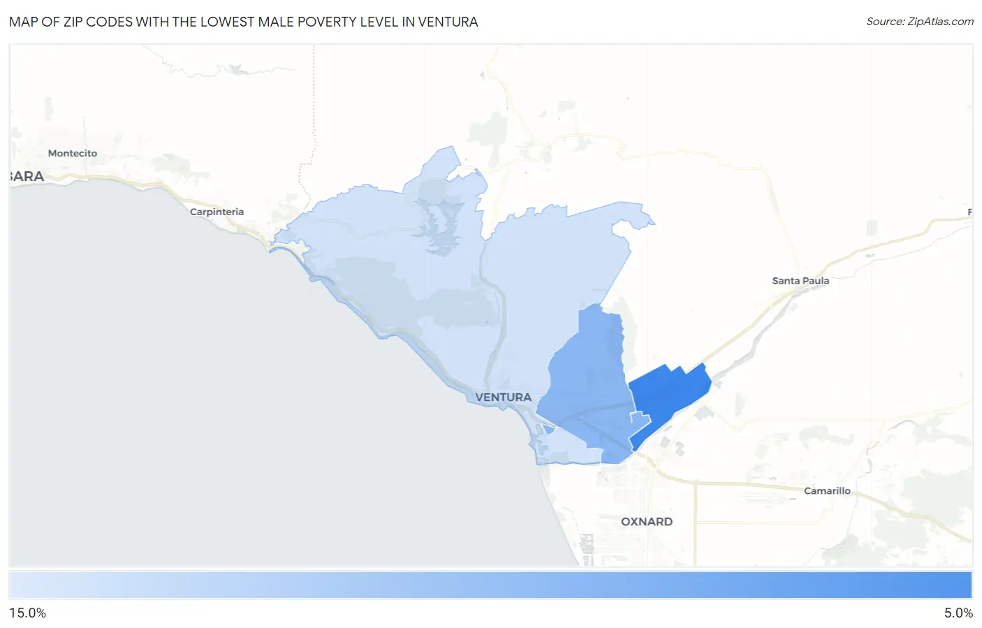 Zip Codes with the Lowest Male Poverty Level in Ventura Map