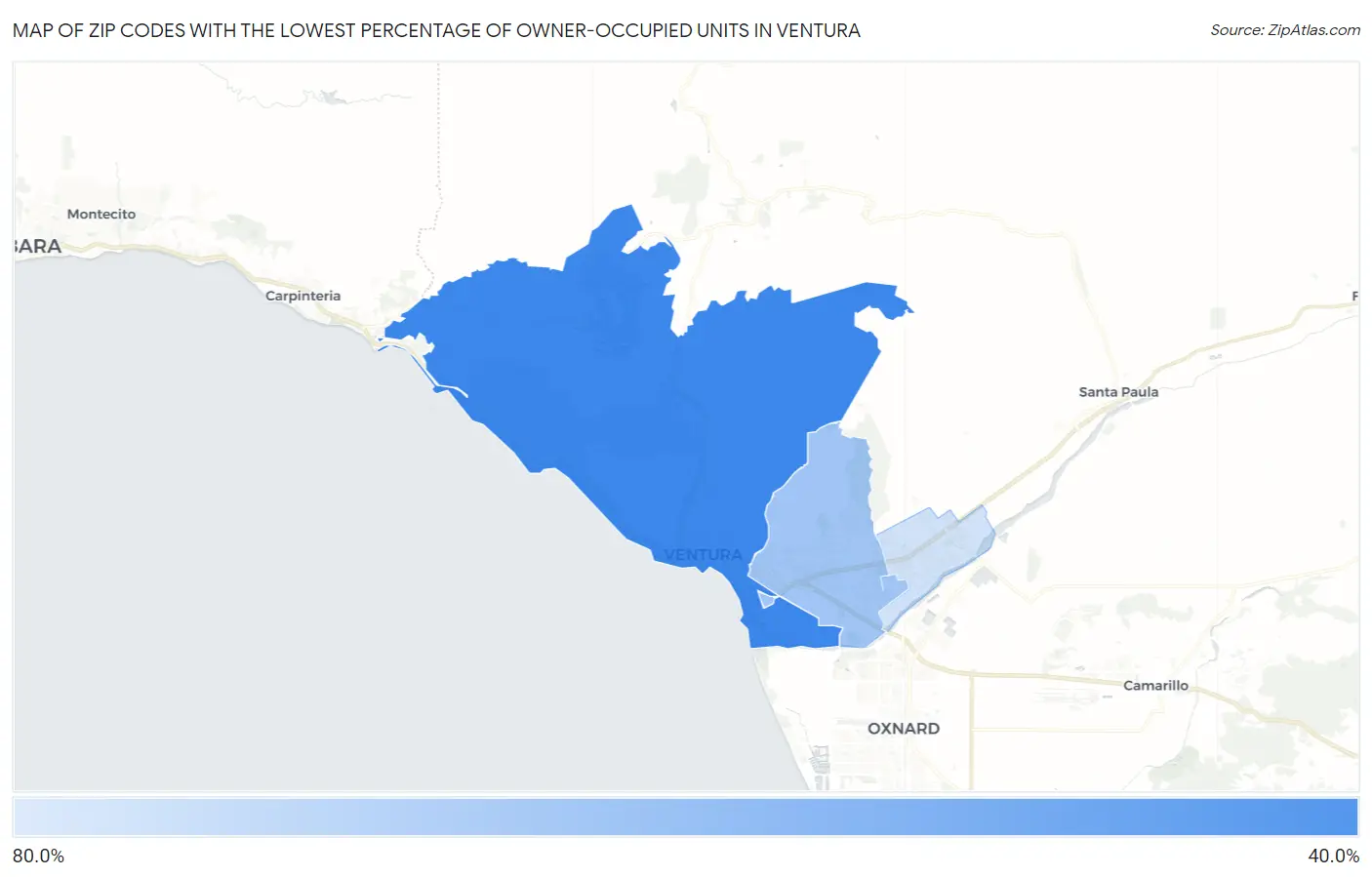 Zip Codes with the Lowest Percentage of Owner-Occupied Units in Ventura Map