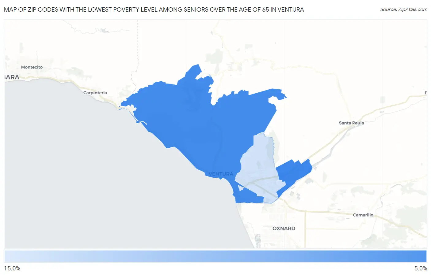 Zip Codes with the Lowest Poverty Level Among Seniors Over the Age of 65 in Ventura Map