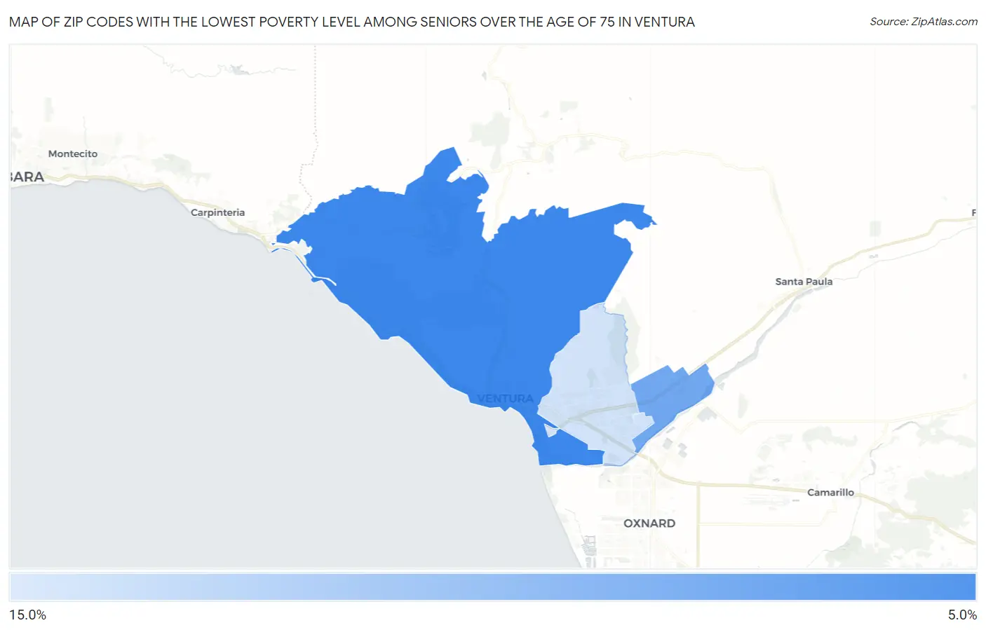 Zip Codes with the Lowest Poverty Level Among Seniors Over the Age of 75 in Ventura Map