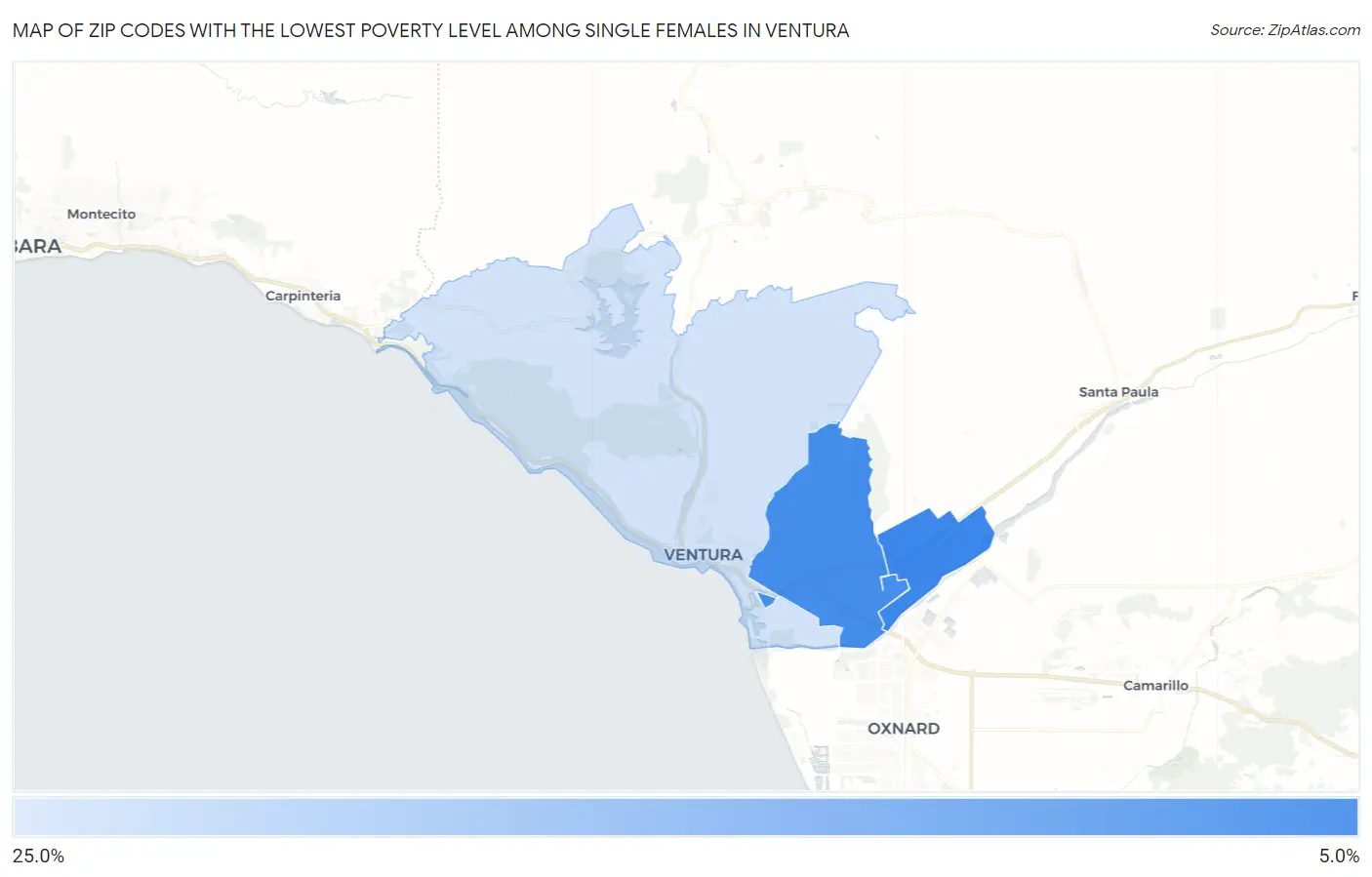 Zip Codes with the Lowest Poverty Level Among Single Females in Ventura Map