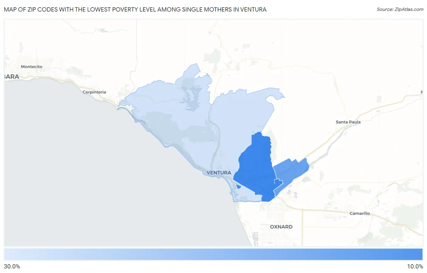 Zip Codes with the Lowest Poverty Level Among Single Mothers in Ventura Map