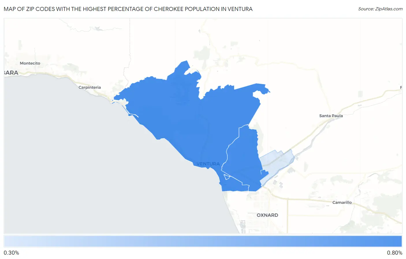 Zip Codes with the Highest Percentage of Cherokee Population in Ventura Map