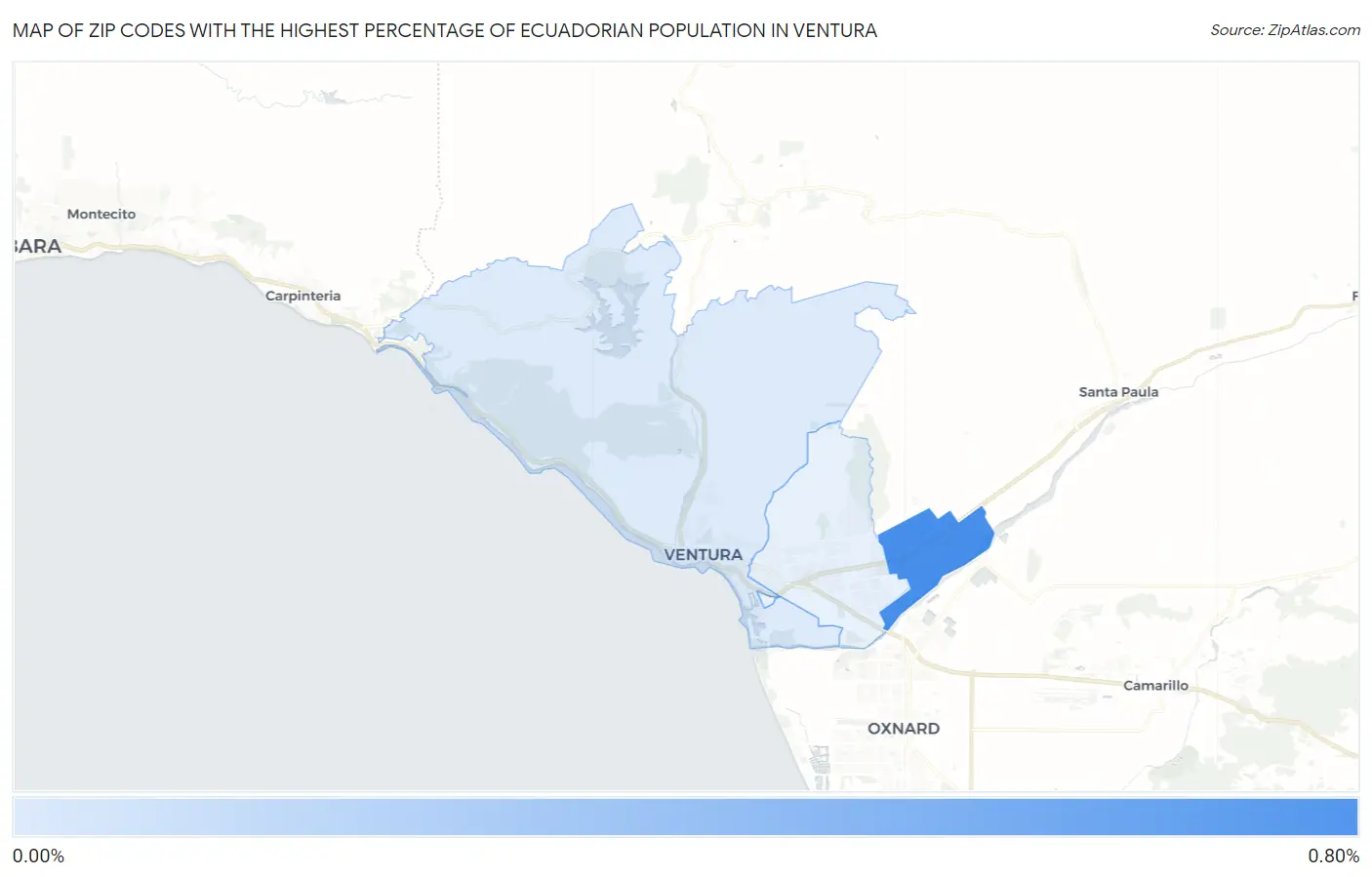 Zip Codes with the Highest Percentage of Ecuadorian Population in Ventura Map