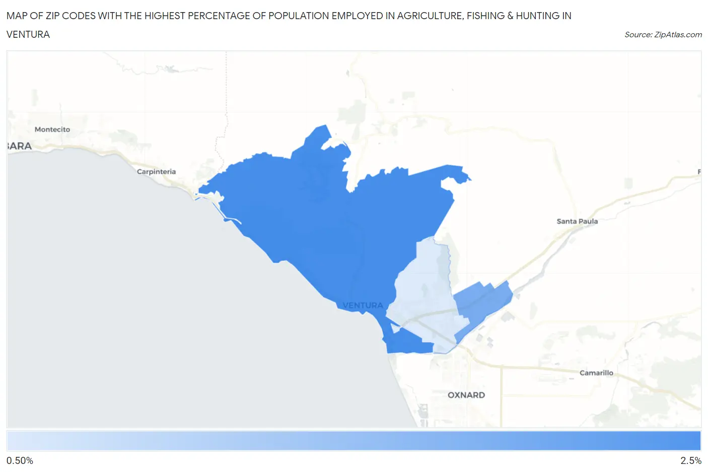 Zip Codes with the Highest Percentage of Population Employed in Agriculture, Fishing & Hunting in Ventura Map